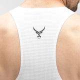 White tank top with a black logo on the back, worn by a person.