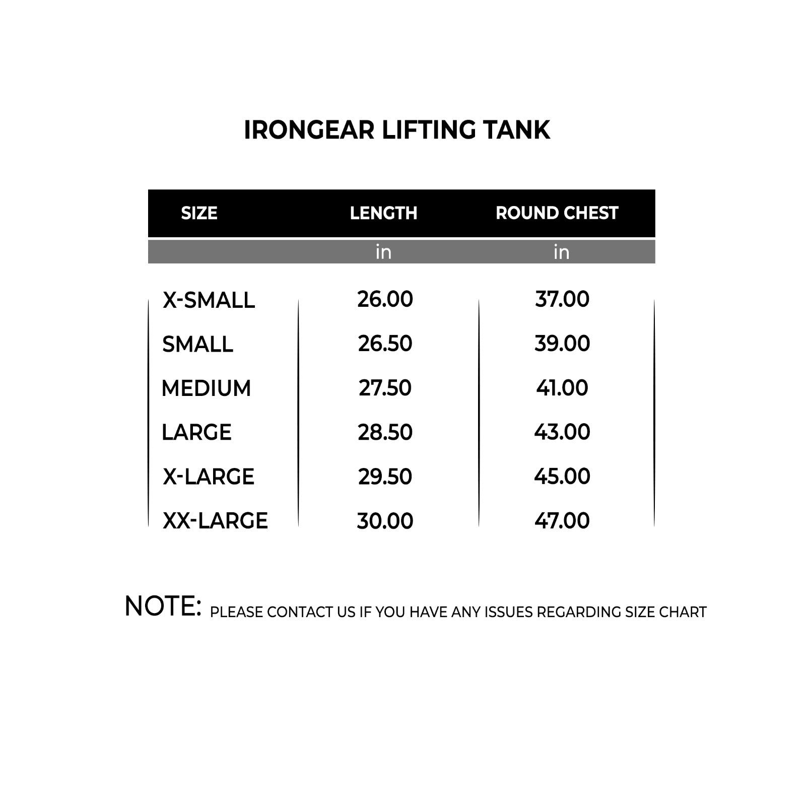 Size chart for IRONGEAR Lifting Tank 