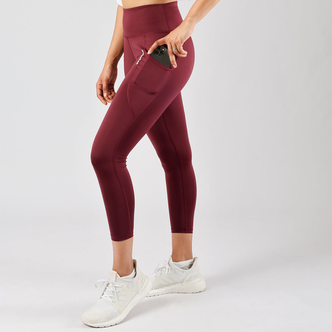 LA7 Burgundy Crossover Leggings for Women with Pockets for Gyming